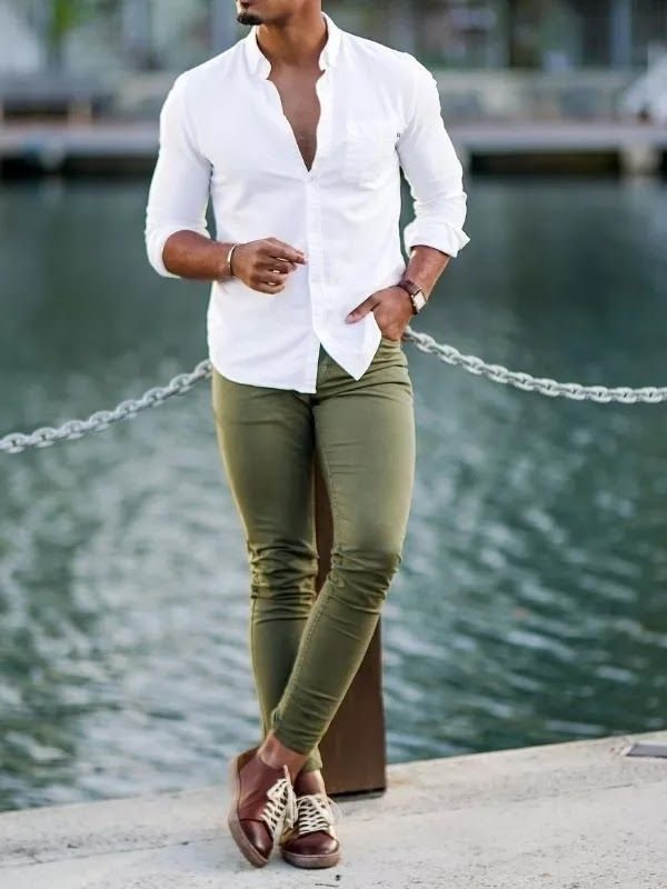 White Shirt with Olive Green Trousers