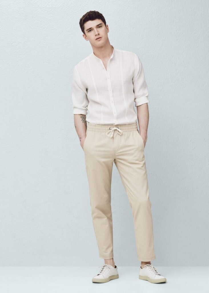 White Shirt and Beige Linen Pants