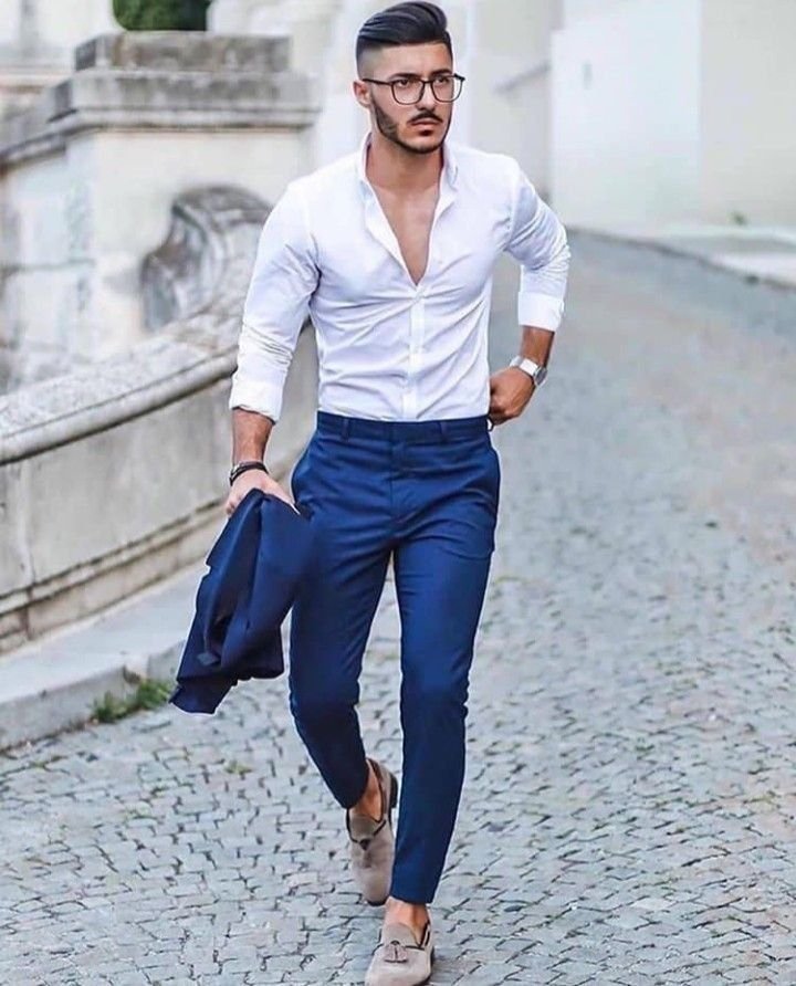 White Shirt with Navy Blue Trousers